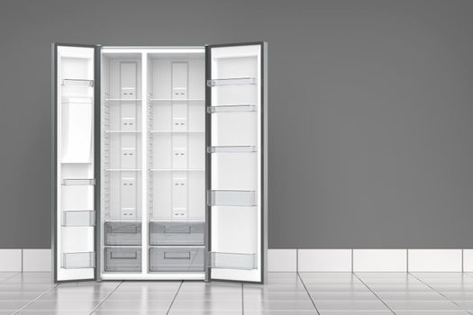 Empty big refrigerator in the kitchen, front view