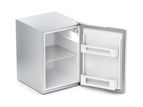 Empty small refrigerator on white background
