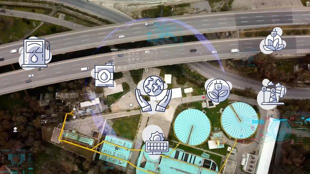 Drone shot of a big biological wastewater treatment plant.Environmental technology concept. Sustainable development goals. SDGs. High quality photo