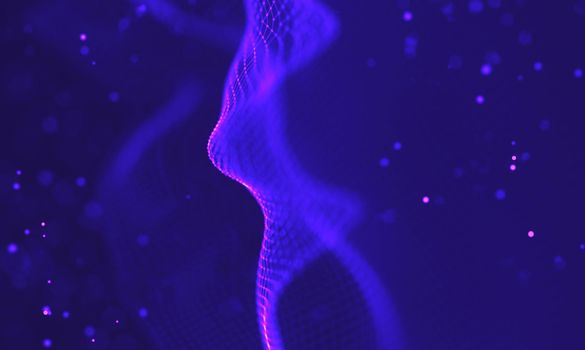 Abstract futuristic illustration of polygonal surface. Low poly shape with connecting dots and lines on dark background. 3D rendering