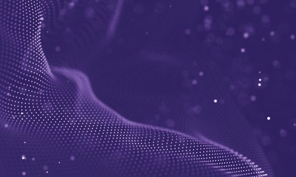 Abstract futuristic illustration of polygonal surface. Low poly shape with connecting dots and lines on dark background. 3D rendering