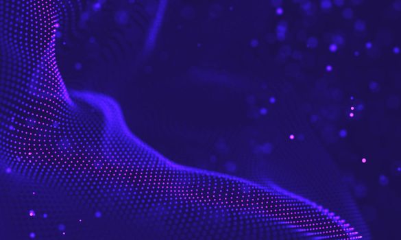 Abstract futuristic illustration of polygonal surface. Low poly shape with connecting dots and lines on dark background. 3D rendering