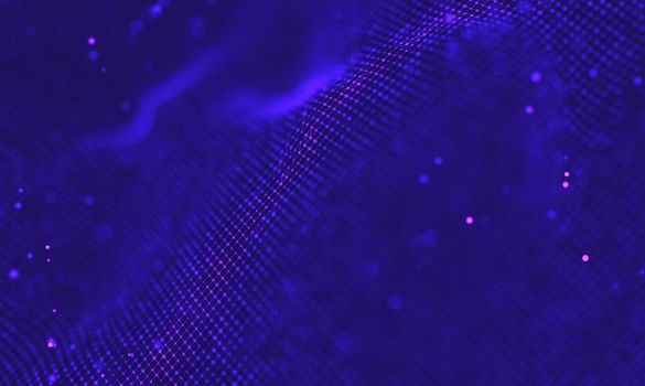 Abstract futuristic illustration of polygonal surface. Low poly shape with connecting dots and lines on dark background. 3D rendering