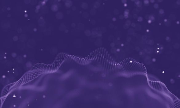 Abstract futuristic illustration of polygonal surface. Low poly shape with connecting dots and lines on dark background. 3D rendering