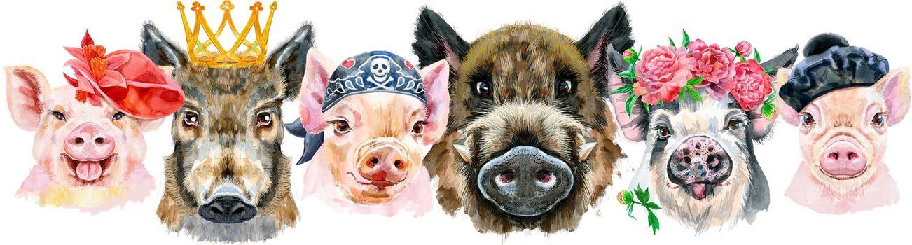 Cute border from watercolor portraits of pigs. Watercolor illustration of pigs in wreath of peonies, beret, red hat, bandana and golden crown