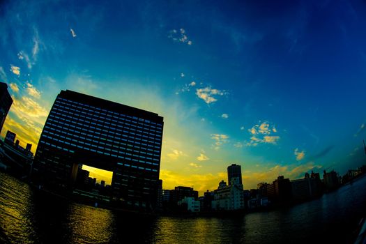 Sunset view of cityscape in Chuo-ku, Tokyo. Shooting Location: Chuo-ku, Tokyo