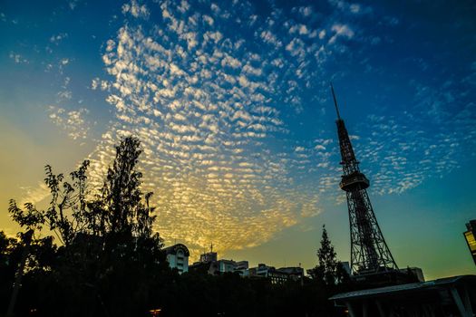 Nagoya TV Tower and evening scenery. Shooting Location: Aichi Prefecture, Nagoya City