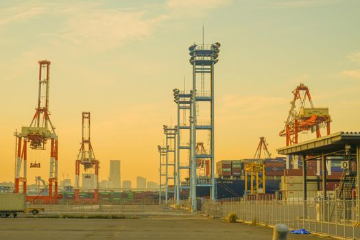 Sunset view with crane group of Yokohama port. Shooting Location: Yokohama-city kanagawa prefecture