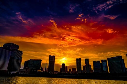 Town view and evening view of Tokyo seen from Tokyo Bay. Shooting Location: Minato-ku, Tokyo