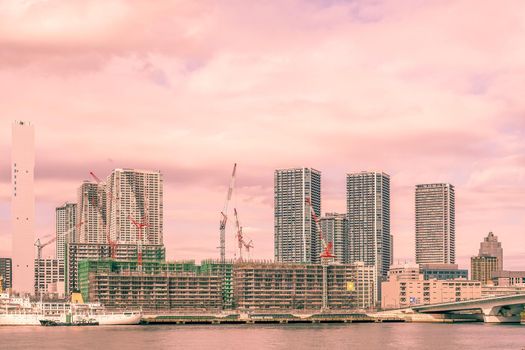 Construction landscape of Harumi wharf (Olympic player village). Shooting Location: Tokyo metropolitan area