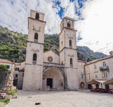 Colorful street in Old town of Kotor on a sunny day, Montenegro.