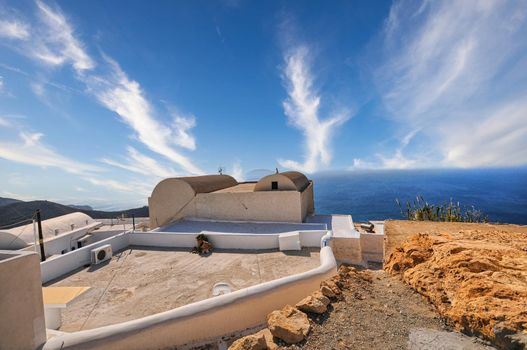 Anafi island, beautiful top view from Chora village, traditional white building in cycladic style - Cyclades islands, Greece