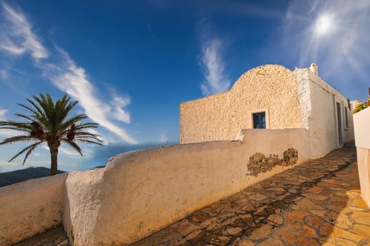 View in the village of Chora on the Greek island of Anafi in the Cyclades archipelago