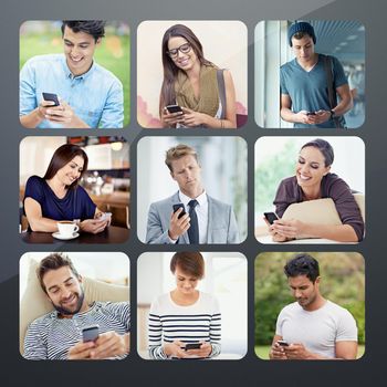 Composite image of a variety of people text messaging.