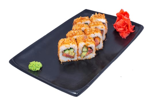 Japanese Cuisine - Sushi Roll with Shrimps and Conger, Avocado, Tobiko and Cheese. sushi rolls tempura,japanese food style