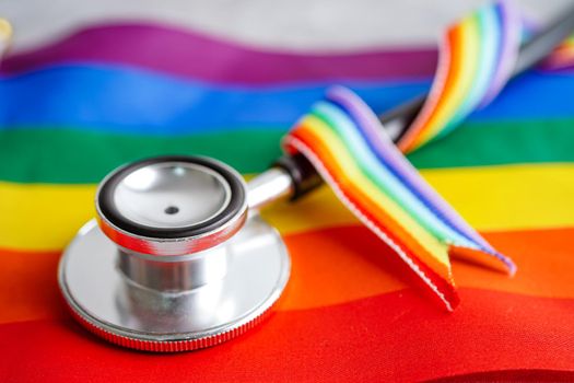 LGBT symbol, Stethoscope with rainbow ribbon, rights and gender equality, LGBT Pride Month in June.