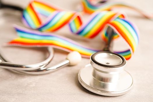 LGBT symbol, Stethoscope with rainbow ribbon, rights and gender equality, LGBT Pride Month in June.