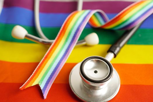 LGBT symbol, Stethoscope with rainbow ribbon, rights and gender equality, LGBT Pride Month in June. 