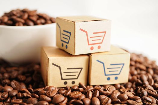 
Shopping cart box on coffee beans, shopping online for export or import.            