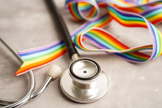 LGBT symbol, Stethoscope with rainbow ribbon, rights and gender equality, LGBT Pride Month in June.            