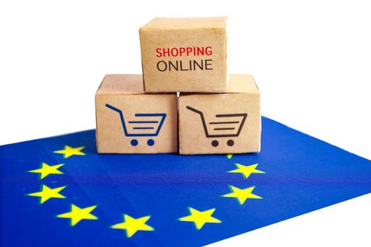 Online shopping, Shopping cart box on EU flag, import export, finance commerce.