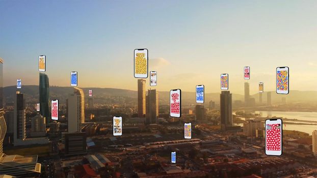 Connected aerial city with several interfaces. Futuristic concept. Augmented reality over Izmir. High quality photo