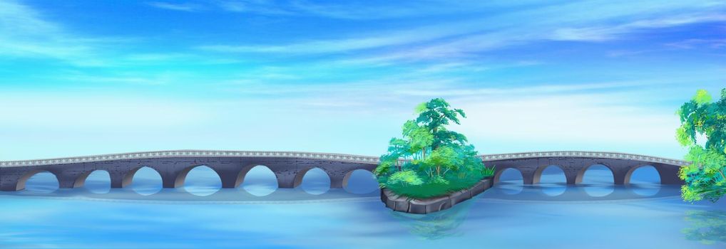 Large arched stone bridge across the river. Digital Painting Background, Illustration.