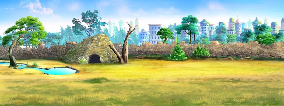 Animal enclosure in zoo and wildlife park. Digital Painting Background, Illustration.