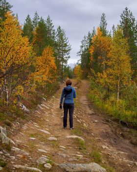 A young woman with a backpack and trekking poles in the Khibiny mountains. The concept of a healthy and active lifestyle. Girl on the background of nature mountains. photo