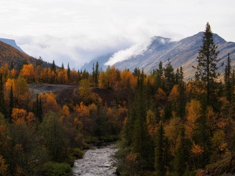 The clouds caught on the tops of the mountains. Low clouds in the mountains. Khibiny, Russia. photo