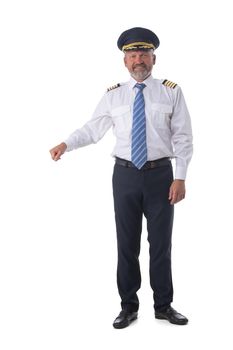 Senior adult airline first pilot aircraft commander holding something, empty copy space for travel bag, isolated on white background