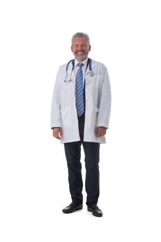 Successful smiling mature male doctor with stethoscope full length portrait isolated on white background