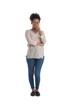 Thoughtful mixed race black woman wearing casual clothes full length portrait isolated over a white background