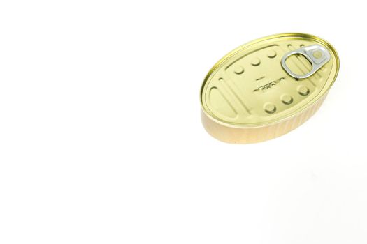 Golden can of preserved food on white background