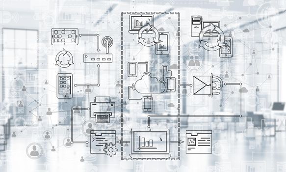 Business icons set and network internet communication concept on modern office background. Mixed media