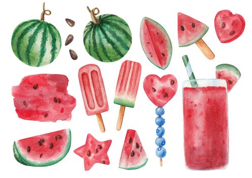 Watermelon set isolated on white background. Watermelon fruit slices, whole, shake and popsicles isolated on white, hand drawn illustration