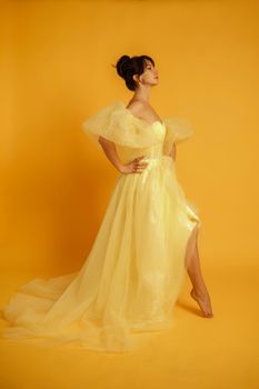 Profile portrait of a beautiful middle-aged woman in a yellow dress, her hair pulled up against a yellow background.