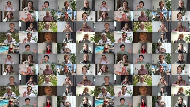 Video collage of 99 people, a variety of images in the form of a large video wall of the TV. High quality 4k footage