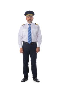 Senior adult airline first pilot aircraft commander standing isolated on white background, full length portrait