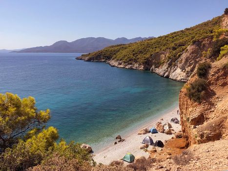 Summer Travel Vacation. View On Beautiful Beach On Greece Shore. High quality photo