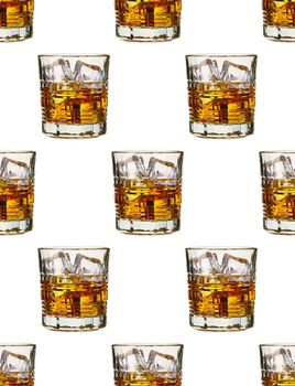 Seamless pattern - glasses of whisky on white background. abstract alcoholic drinks pattern for packaging design.