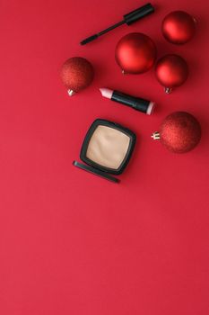 Cosmetic branding, fashion blog cover and girly glamour concept - Make-up and cosmetics product set for beauty brand Christmas sale promotion, luxury red flatlay background as holiday design