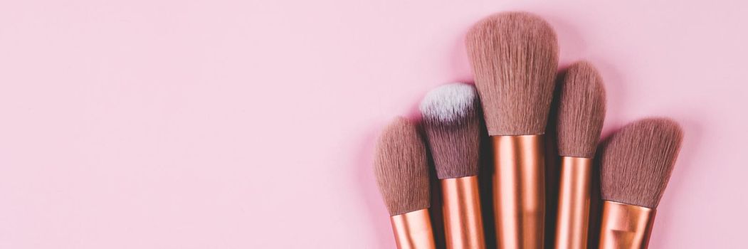 Collection of group makeup brush size with various isolated on pink background, set of make-up artist, no people, cut out, object about beauty of female.