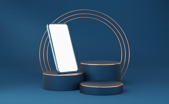 Blue mobile phone on cylinder podium with gold border and copper circle on blue background. Minimal studio 3d. 3 Pedestal mock up space for modern. smartphone with blank white screen. 3d rendering.
