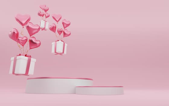 Empty white cylinder podium with pink border, gift boxes, hearts balloons on copy space background. Valentine's Day interior with pedestal. Mockup space for display of product design. 3d rendering.