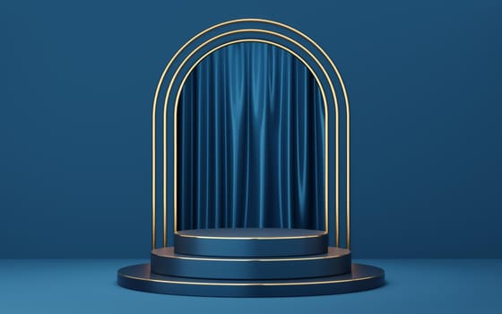Empty blue cylinder podium with gold border on blue arch and curtain background. Abstract minimal studio 3d geometric shape object. Mockup space for display of product design. 3d rendering.