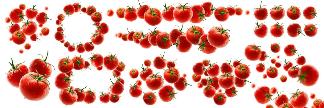 A set of photos. Red tomatoes levitate on a white background.