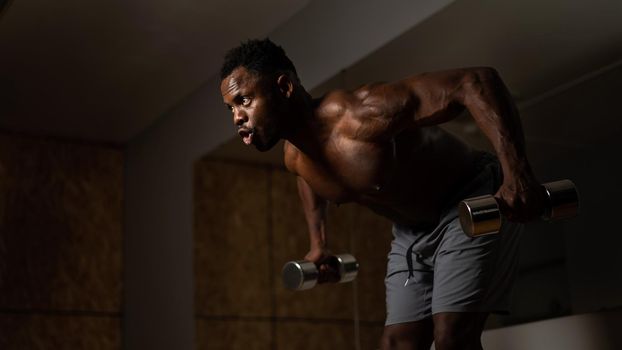 Attractive african american man doing arm exercises with dumbbells