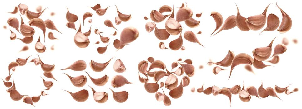 A set of photos. Garlic cloves levitate on a white background.