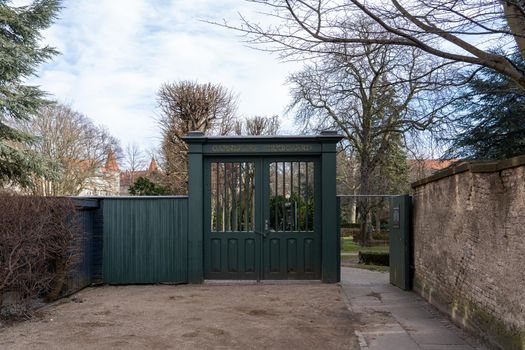 Copenhagen, Denmark. - March 1, 2022: Entrance gate to Garrison Cemetery in Osterbro district.
